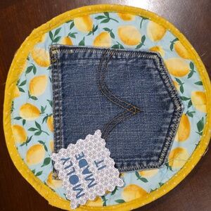 HAND CRAFTED Tortilla Holder UPCYCLED Blue Denim Yellow Lemons 9 Inch